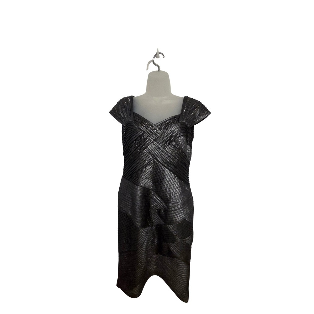 Tadashi Shoji Metallic Grey Pleated Sequin Cocktail Dress Size L